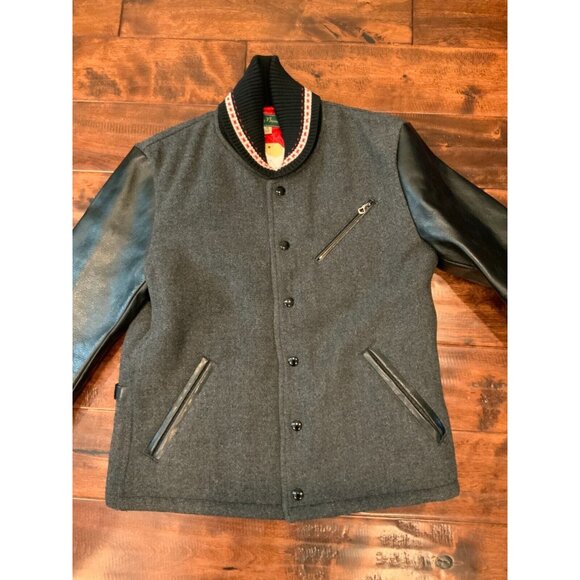 Dry Bones Gray Wool Varsity Jacket w/ Black Leather Sleeves, Size M - Picture 2 of 11